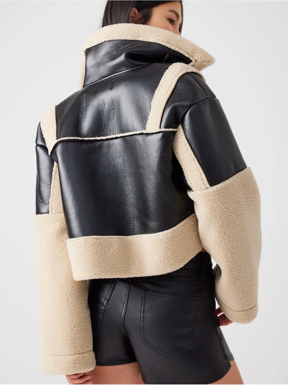 Steve Madden Black and Beige Faux Shearling Moto Jacket